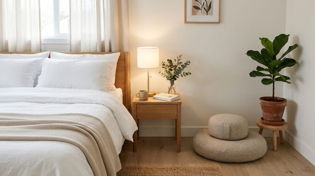 Close-up photograph of a thoughtfully arranged bedroom corne