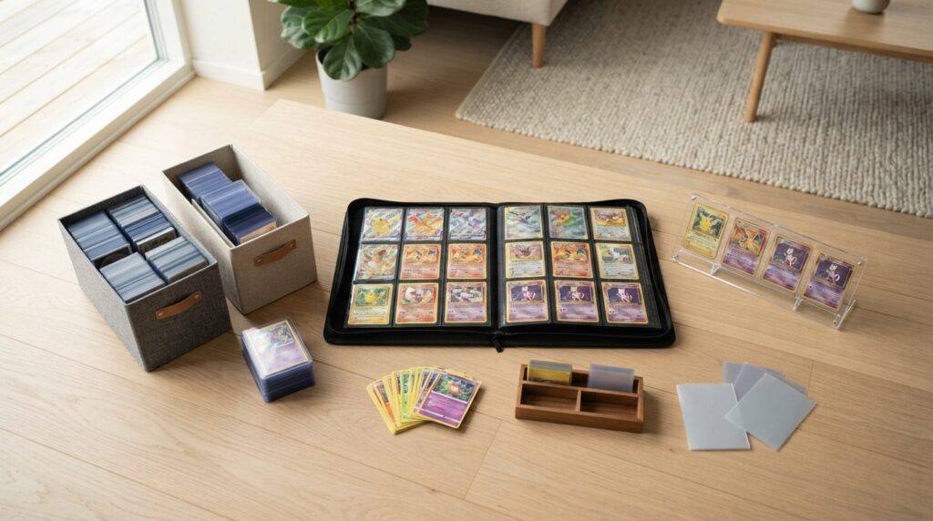Flat lay overhead photography of Pokemon card storage soluti
