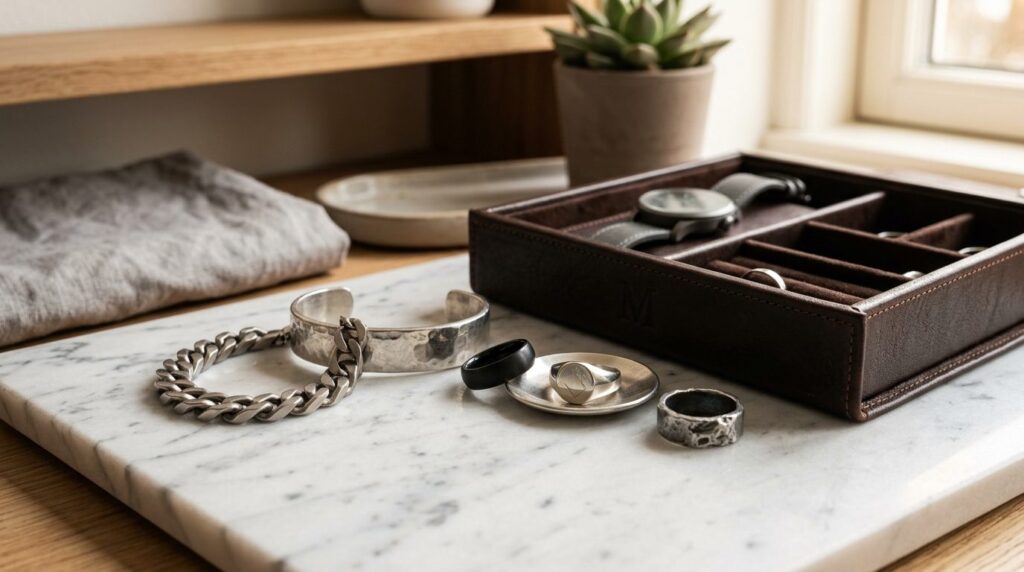 Close-up detail shot of mens jewelry storage solutions show