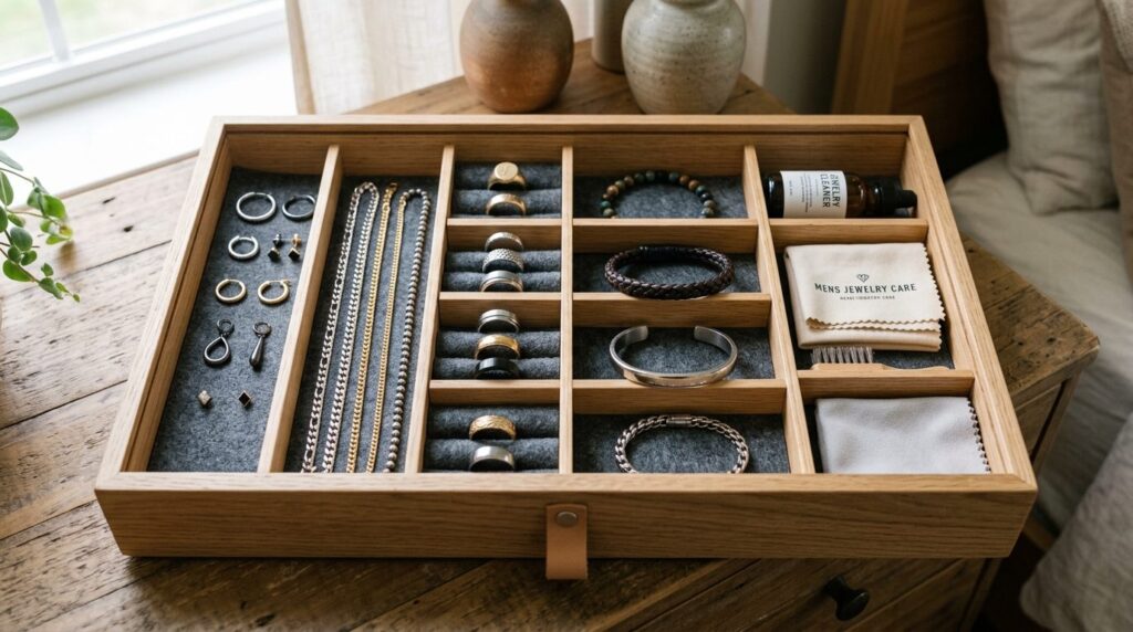 Flatlay composition of mens jewelry care and storage items 