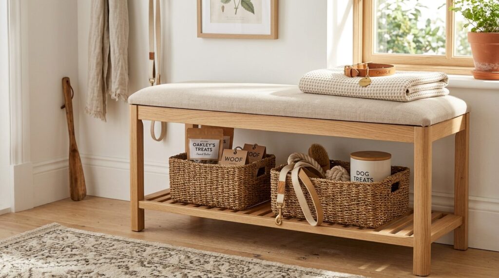 Close-up lifestyle shot of a minimalist entryway storage ben