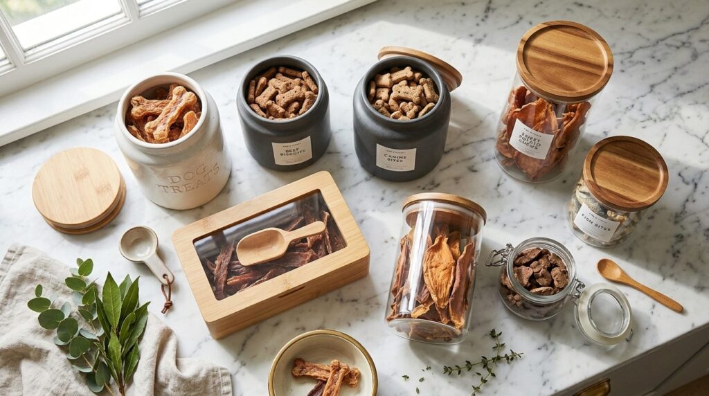 Flat lay overhead view of various premium dog treat storage 