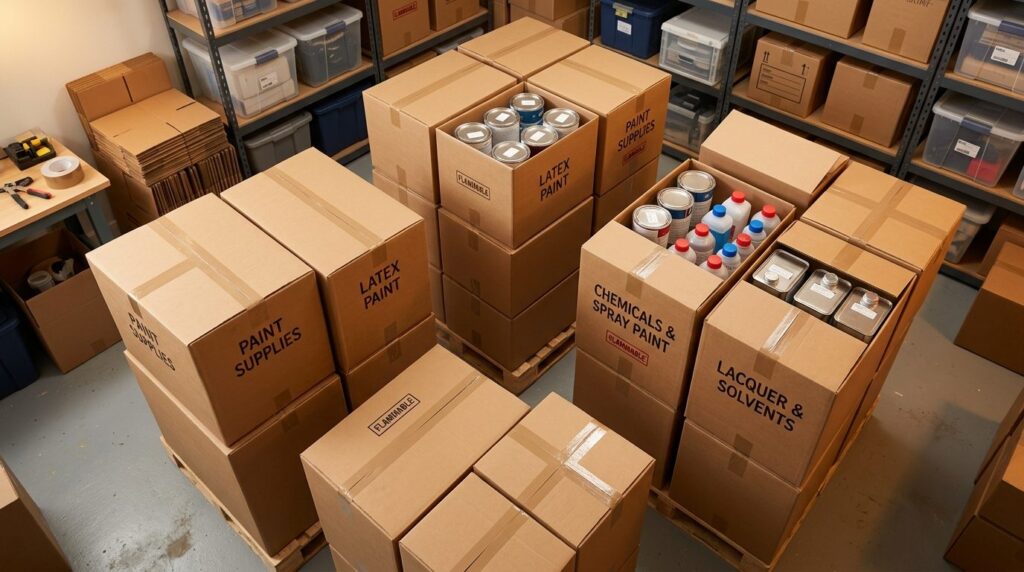 Wide overhead shot of a basement or storage room with multip