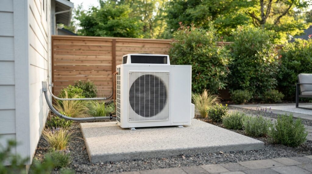 Close-up realistic photo of a white outdoor heat pump unit i