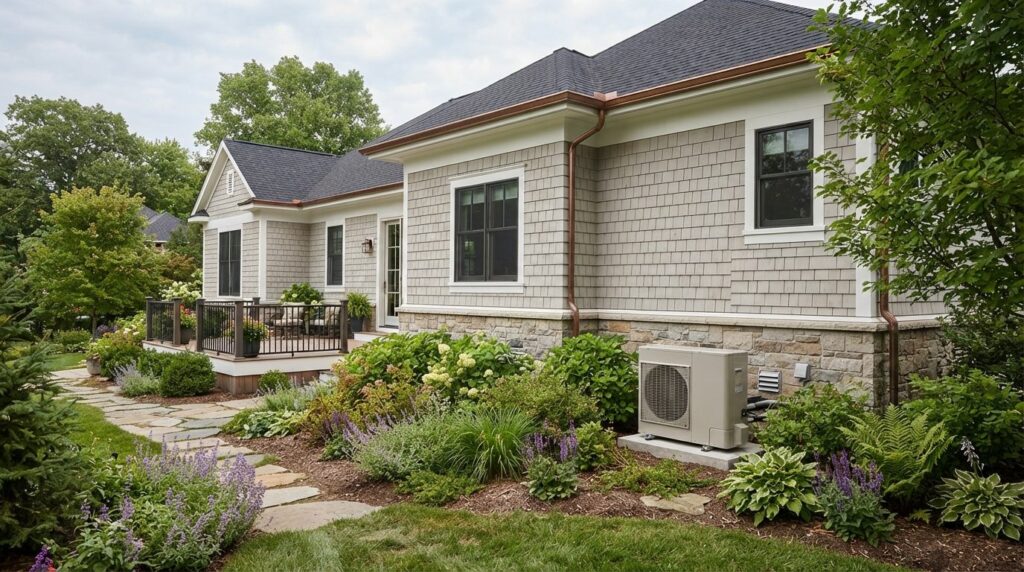 Wide-angle photograph of a residential property showing heat