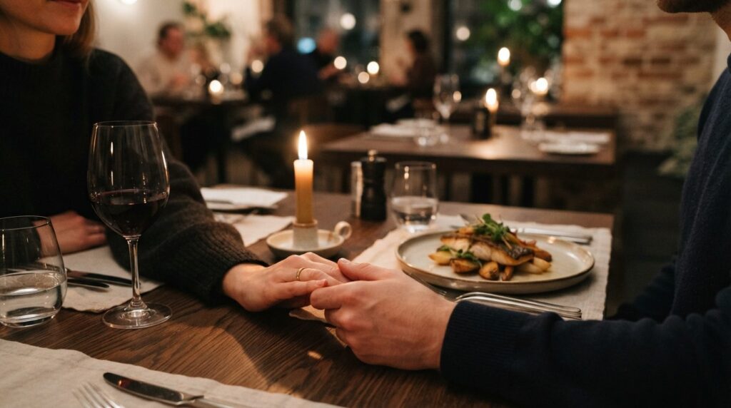 Close-up of couples hands touching across intimate candleli