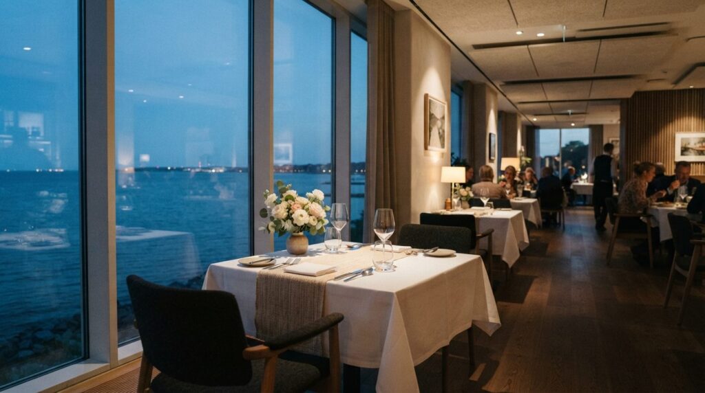 Elegant restaurant interior with sea view to Øresund, table 