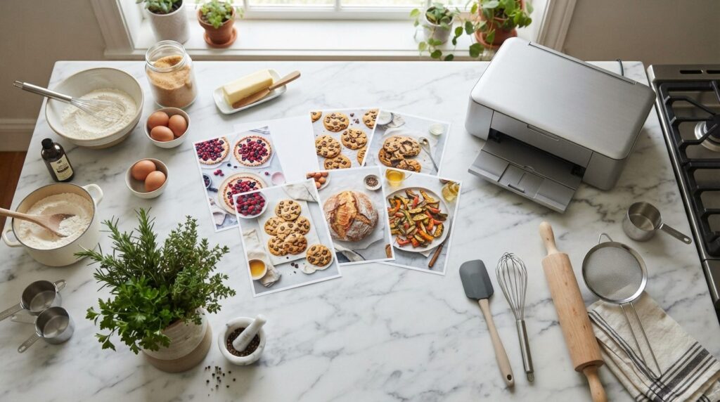 Flat lay overhead shot of a modern kitchen workspace: high-q