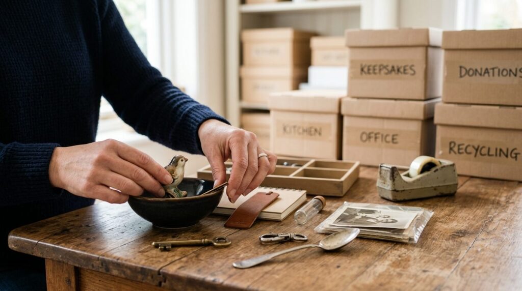 Close-up of hands sorting through household items on a woode