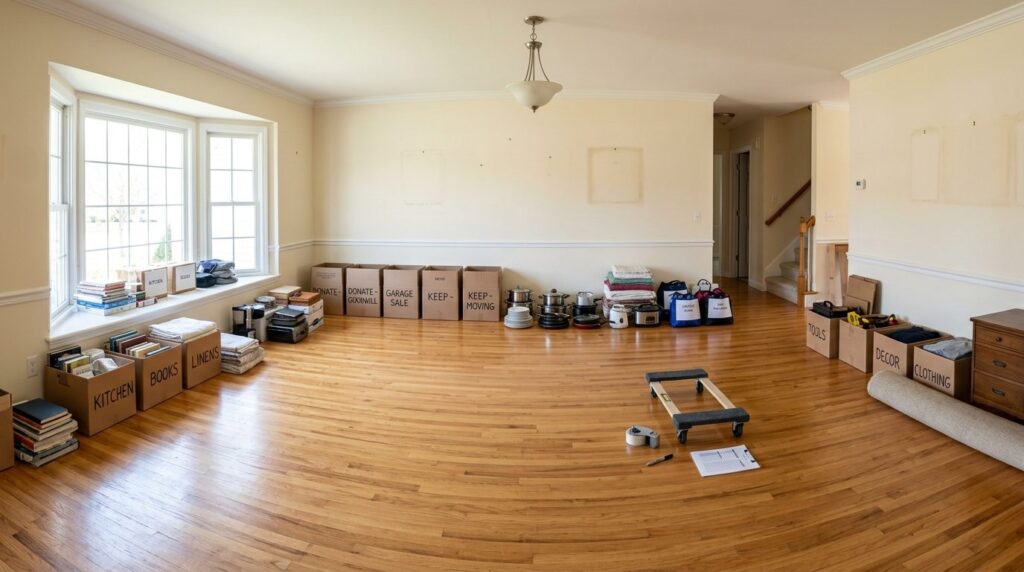 Wide shot of a spacious, empty residential room during the f