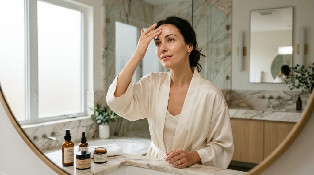 Lifestyle beauty photograph, 16:9 format. Stylish woman in m