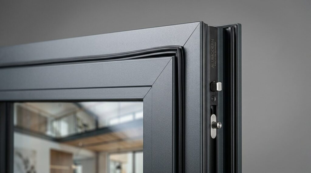 Close-up detail shot of modern aluminum window frame corner 