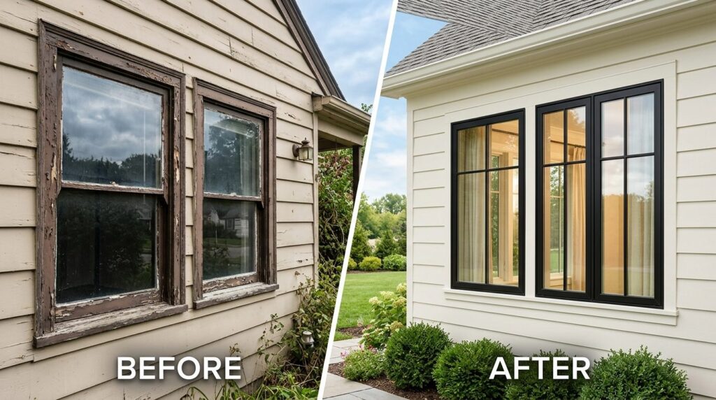 Split-screen comparison of old vs new residential windows on