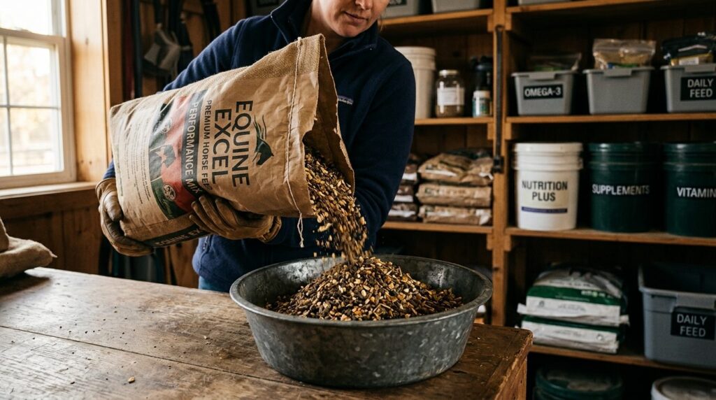 Close-up lifestyle photograph of premium horse feed being po