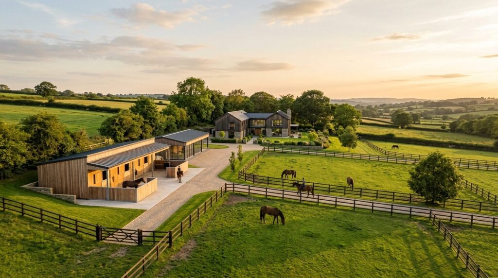 Wide shot of a contemporary rural property with a modern sta