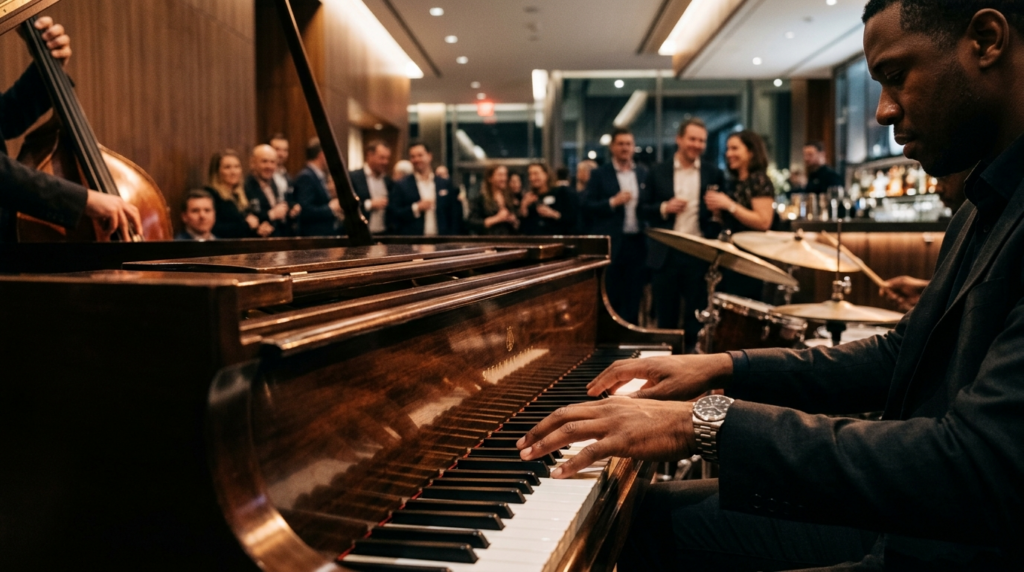 Close-up of a jazz trio performing in an intimate corporate 