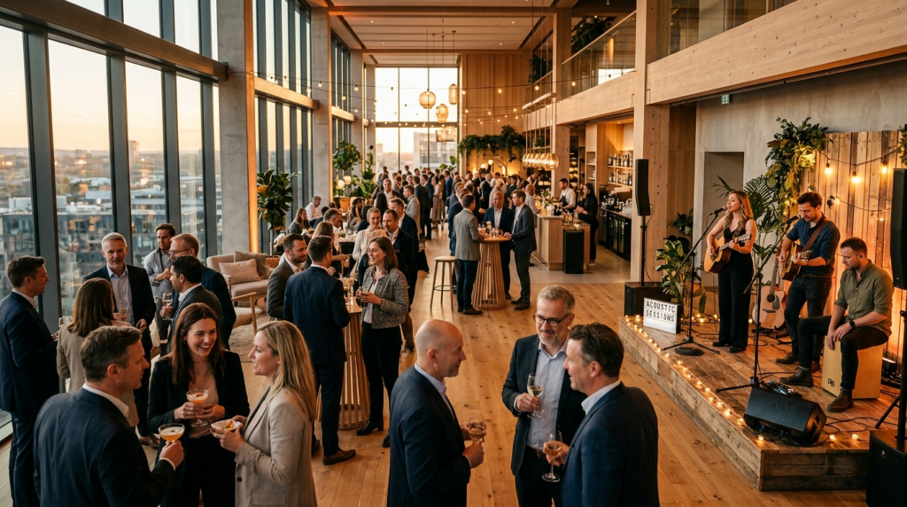 Modern corporate event space decorated with ambient lighting