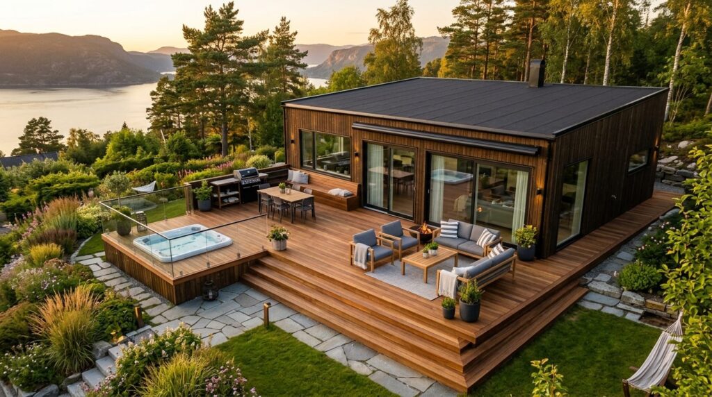 Færdig træterrasse set fra oven med moderne design.